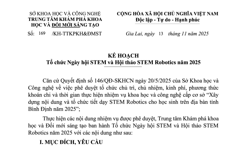 Kế hoạch Tổ chức Ngày hội STEM và Hội thảo STEM Robotics năm 2025